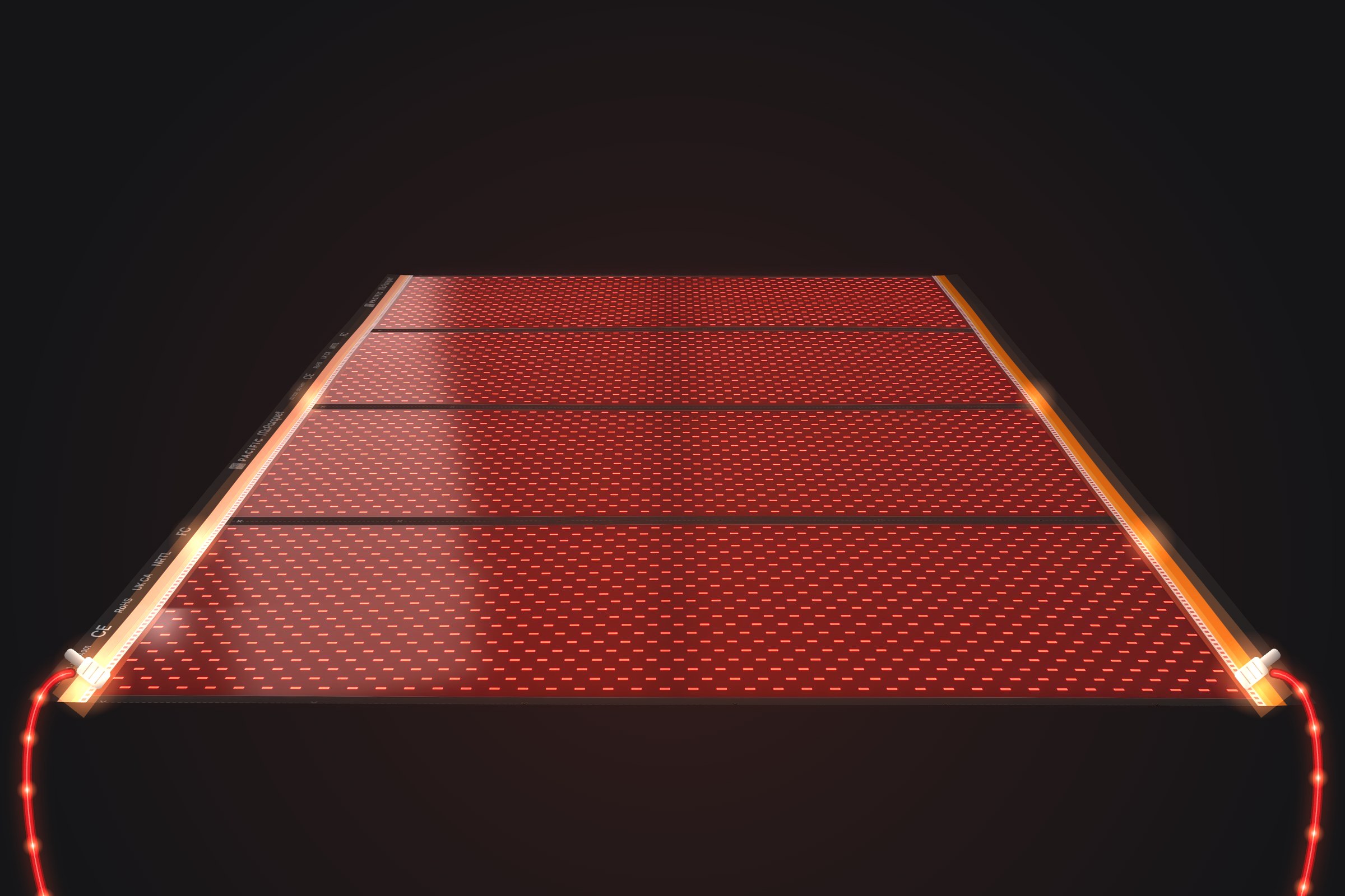 Film rojo UnderHeat encendido, con conexiones en sus dos bordes de cobre